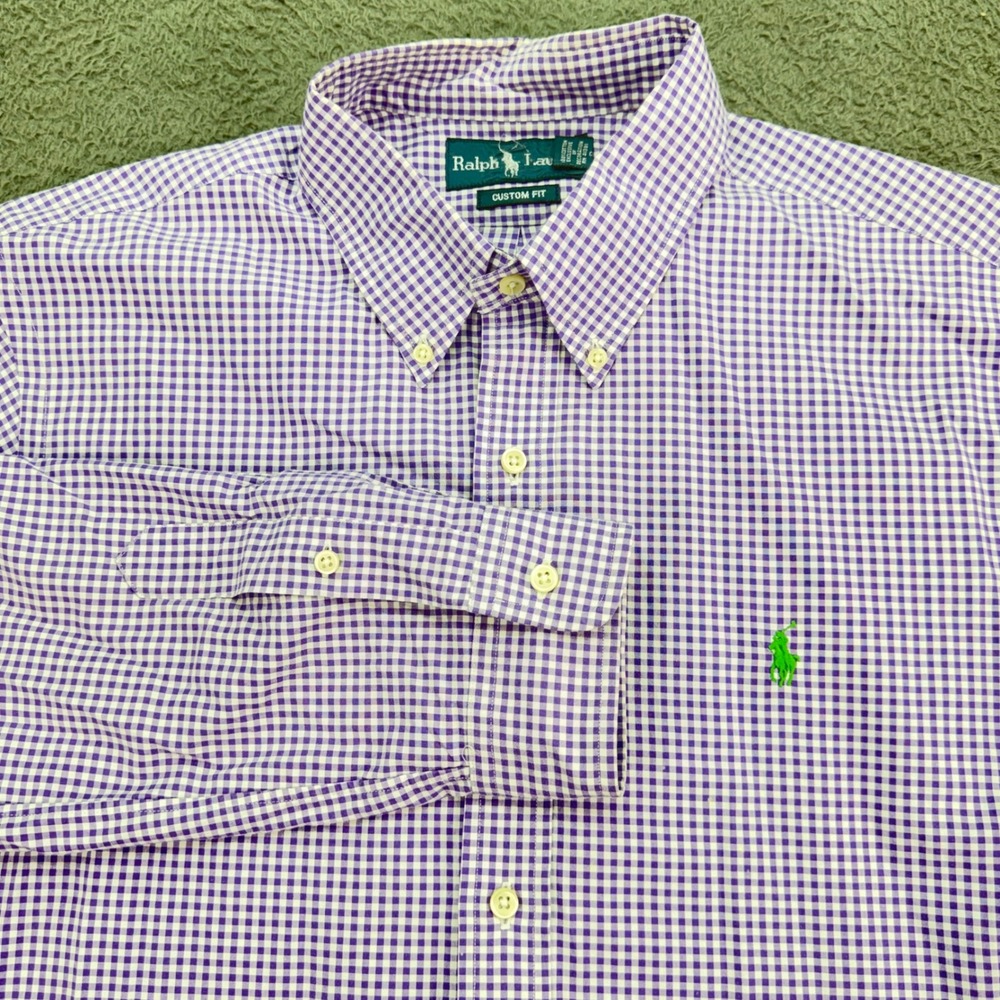 Ralph Lauren Button Down Shirt‎ Mens L Purple Gingham Check Custom Fit Long Slve
